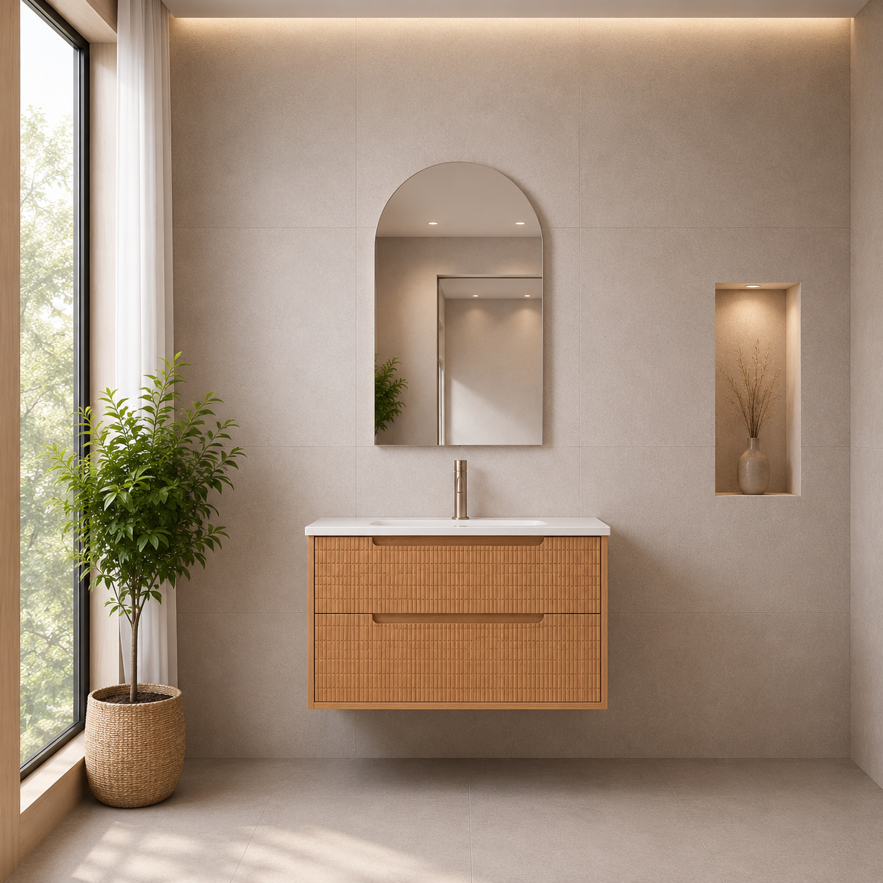 Modern bathroom with wooden vanity, mirror, and plant