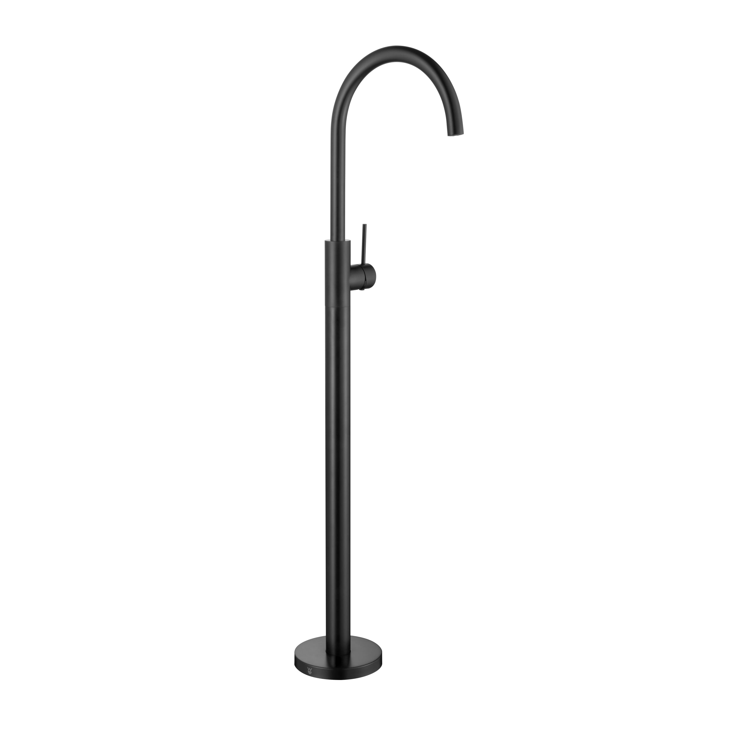 Black freestanding bathtub faucet on a white background