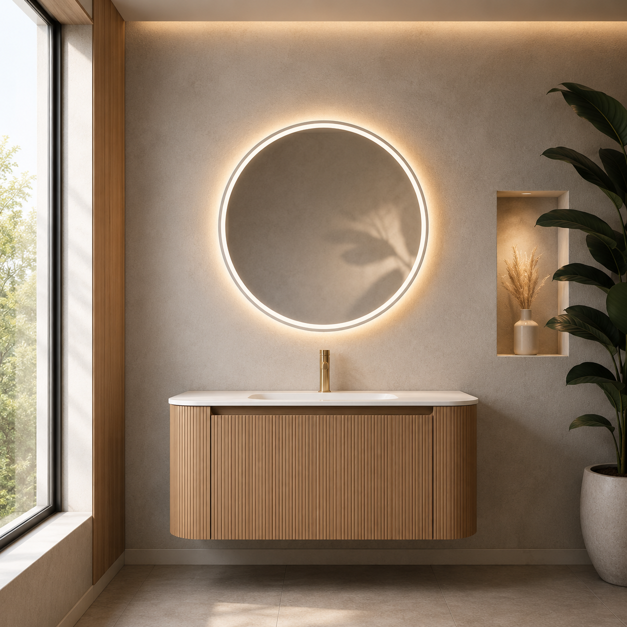 Modern bathroom with wooden vanity, round illuminated mirror, and plant.