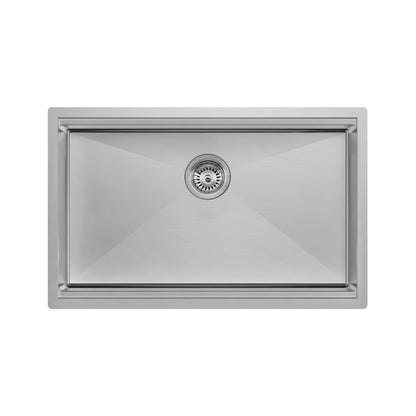 Stainless steel kitchen sink on a white background