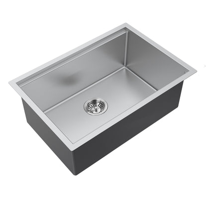 Stainless steel kitchen sink on a white background