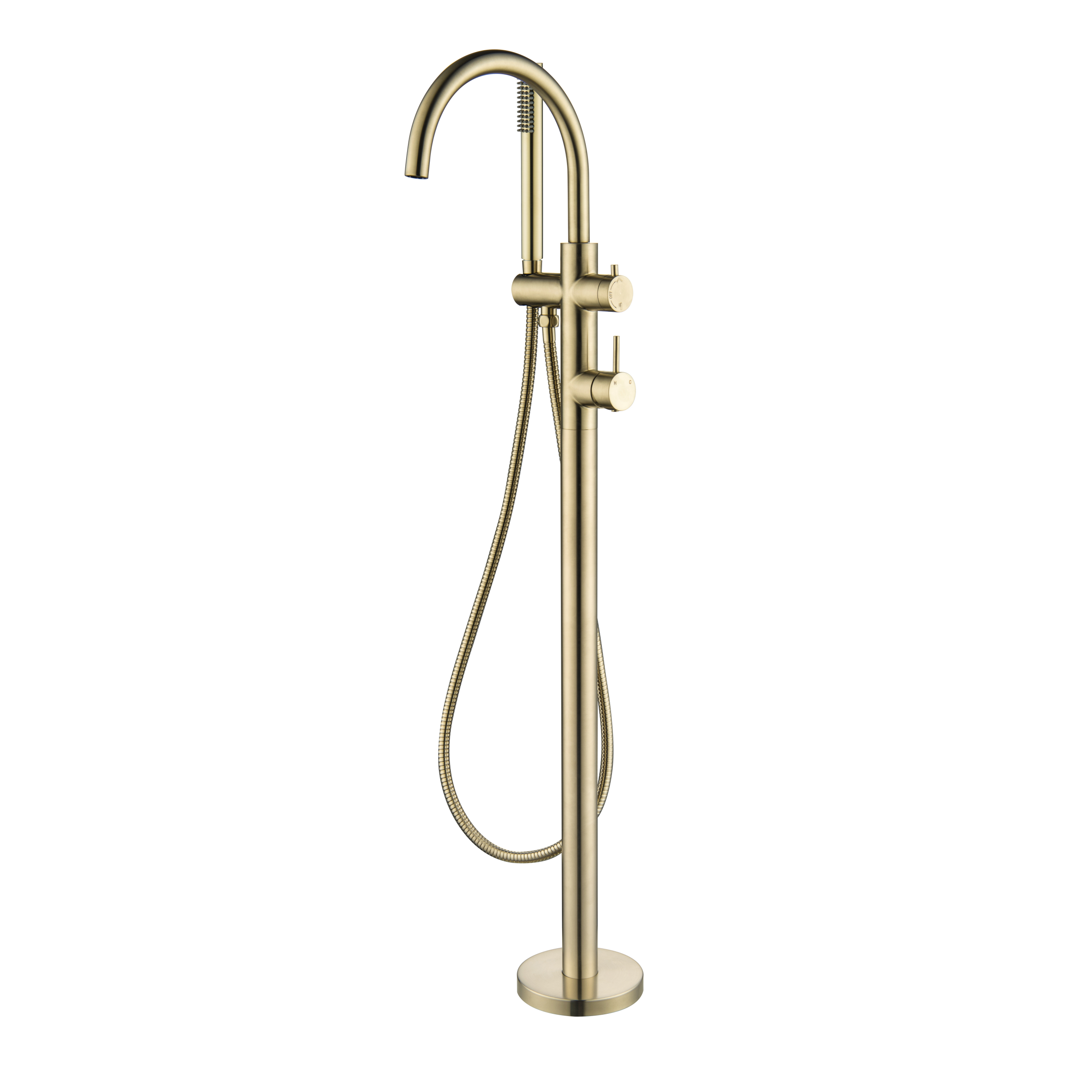 Gold freestanding bathtub faucet with handheld shower on a white background