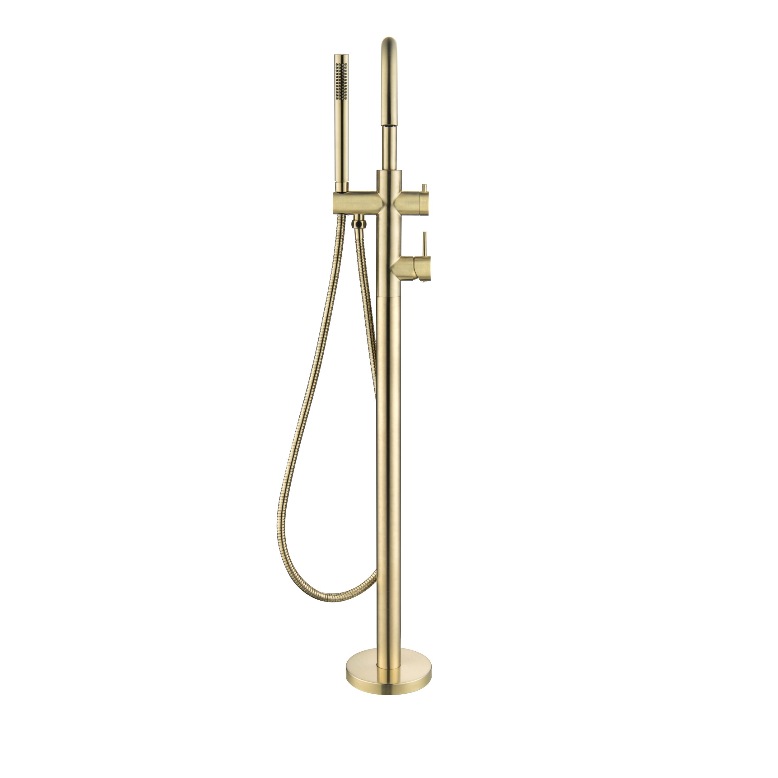 Gold shower system with handheld shower head on a white background