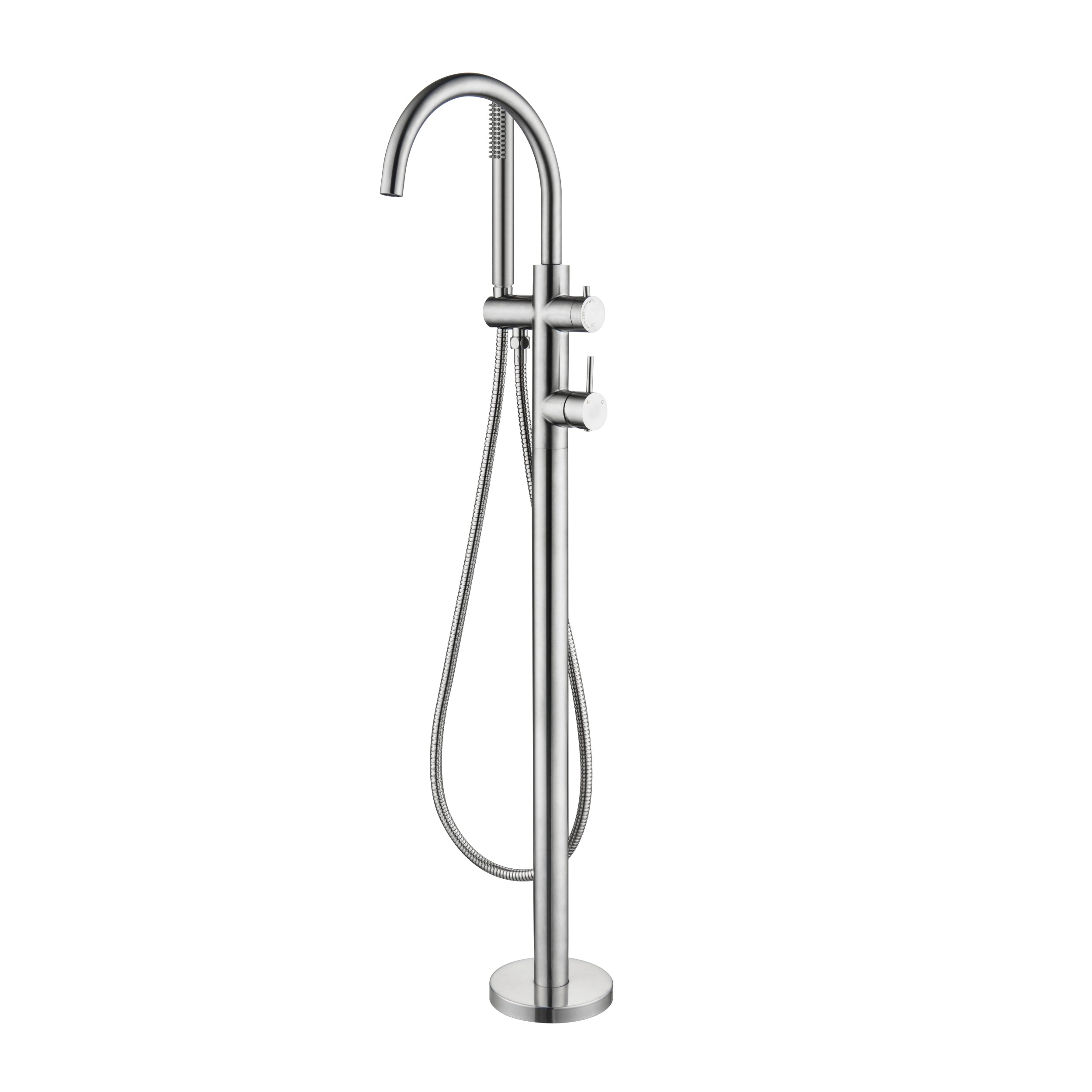 Brushed Nickel freestanding bathtub faucet on a white background