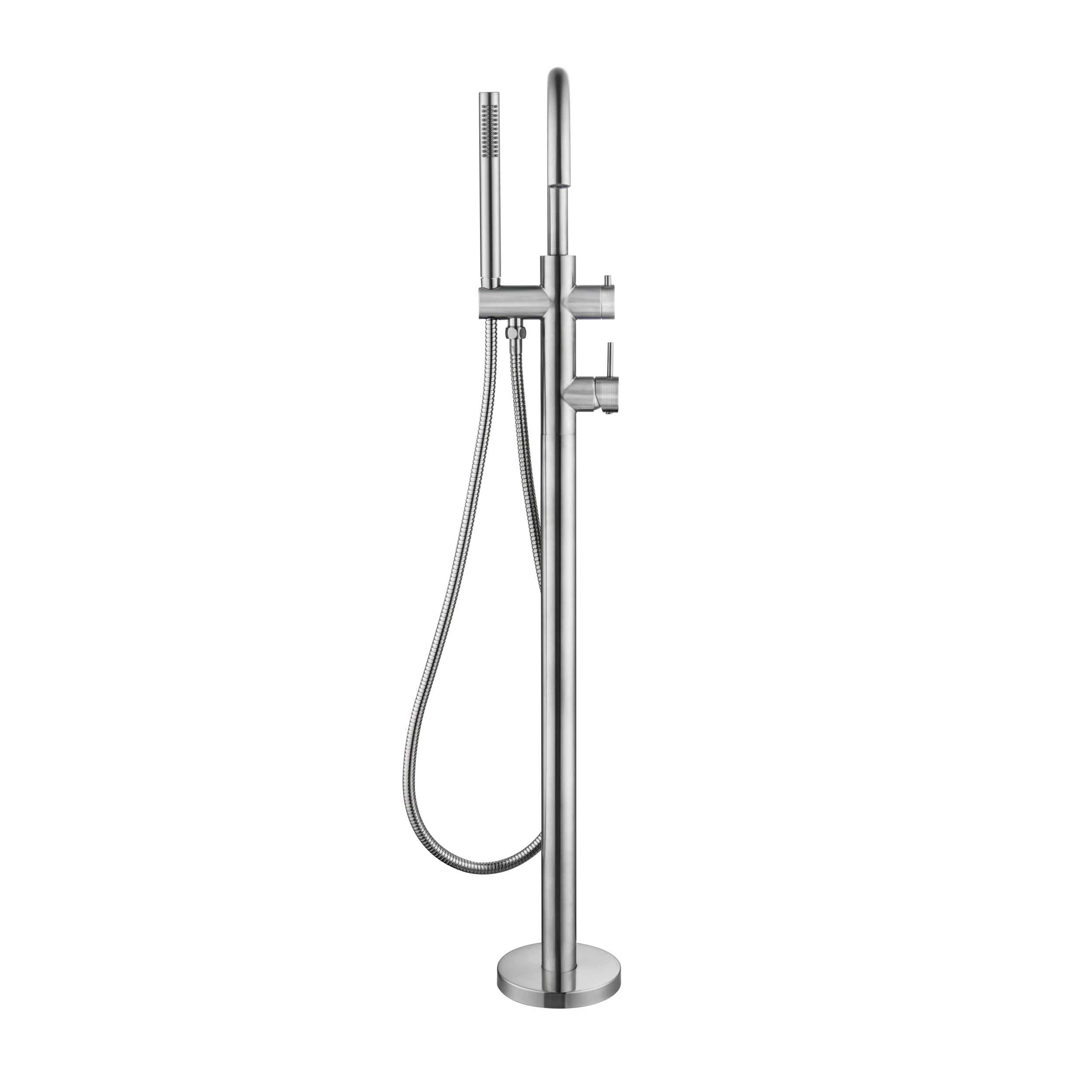 Brushed Nickel freestanding bathtub faucet with handheld shower on a white background