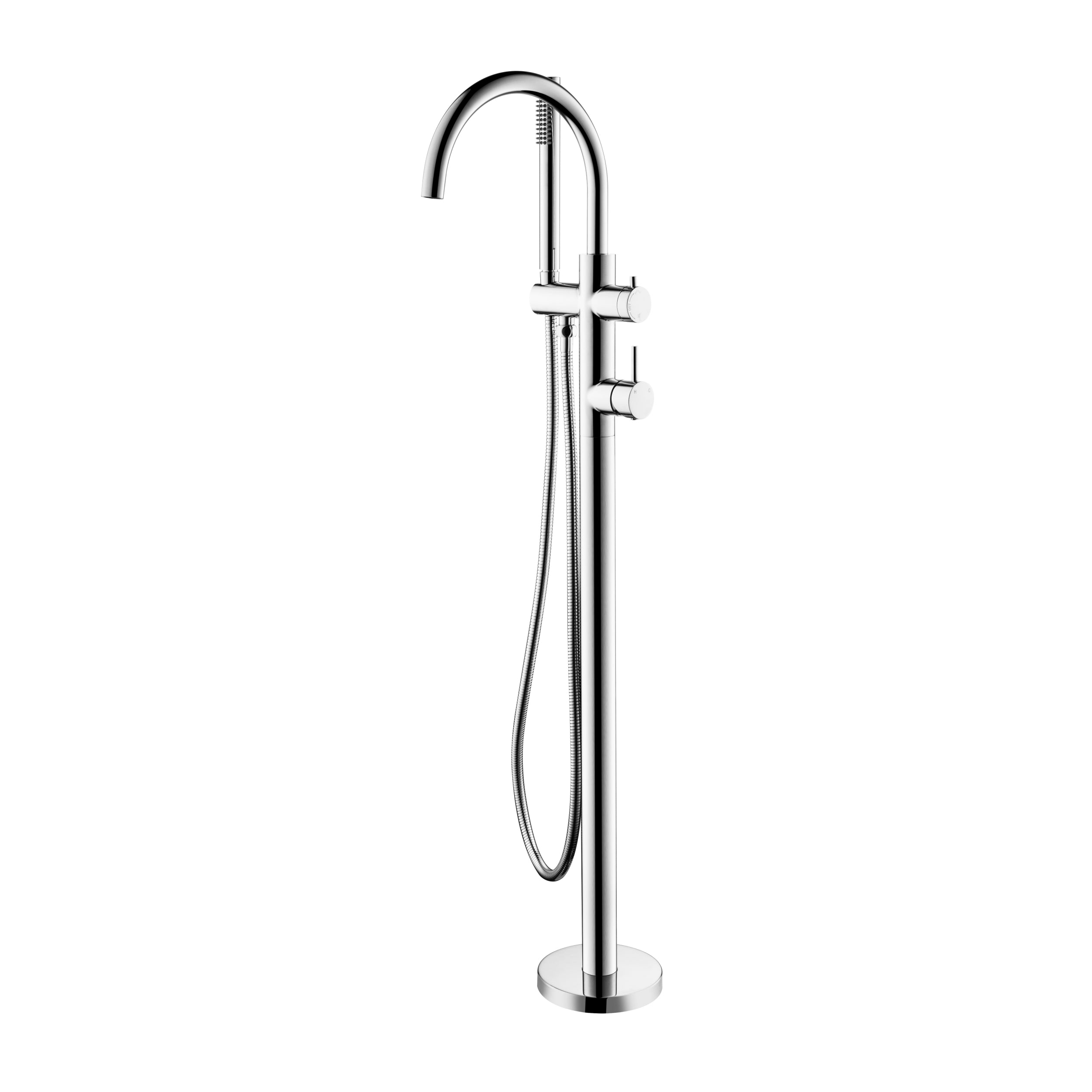 Chrome freestanding bathtub faucet on a white background