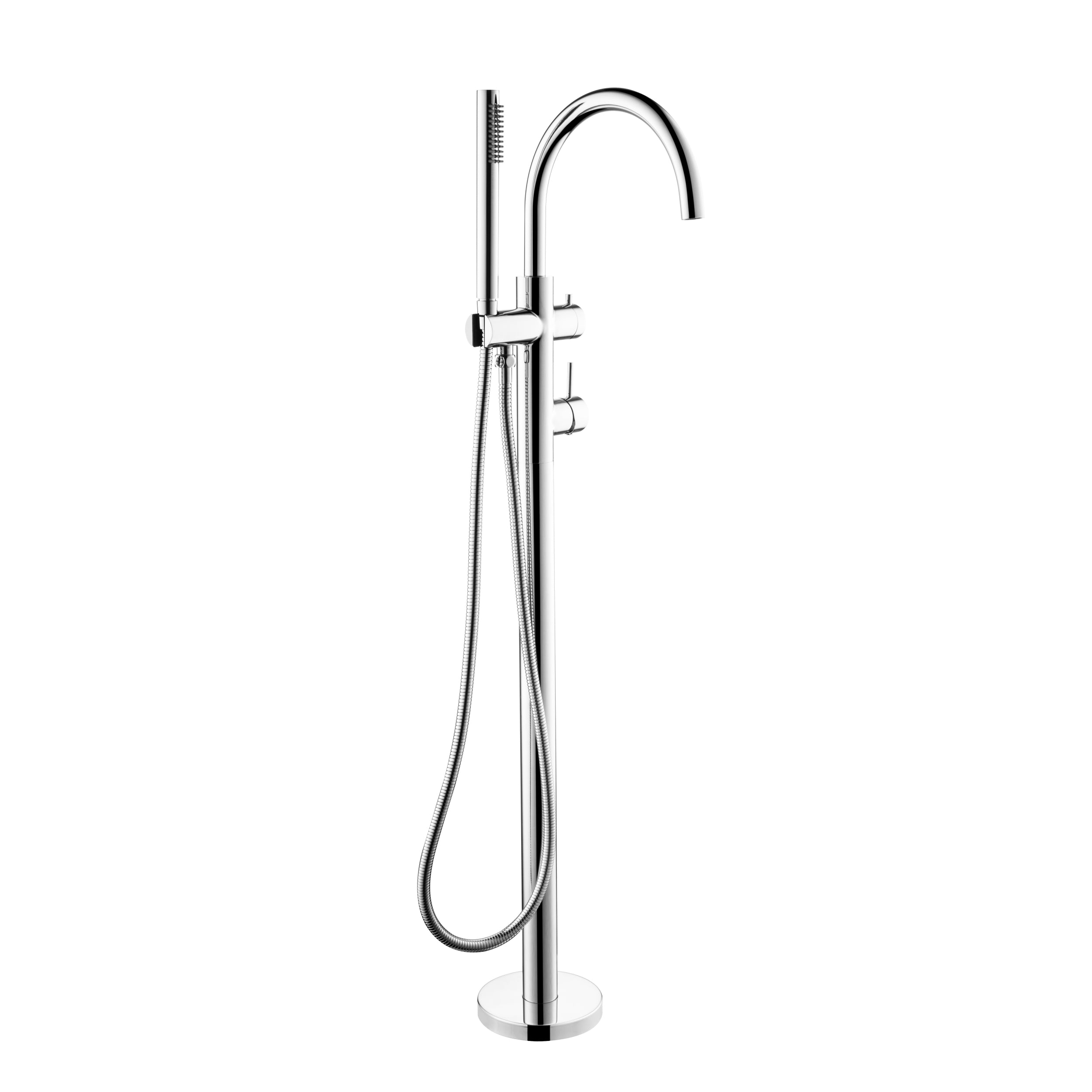 Chrome freestanding bathtub faucet with handheld shower on a white background