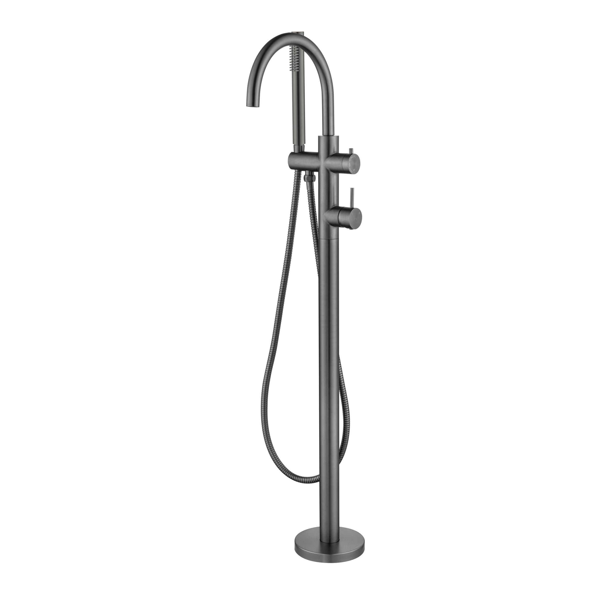 Gunmetal freestanding bathtub faucet with handheld shower on a white background