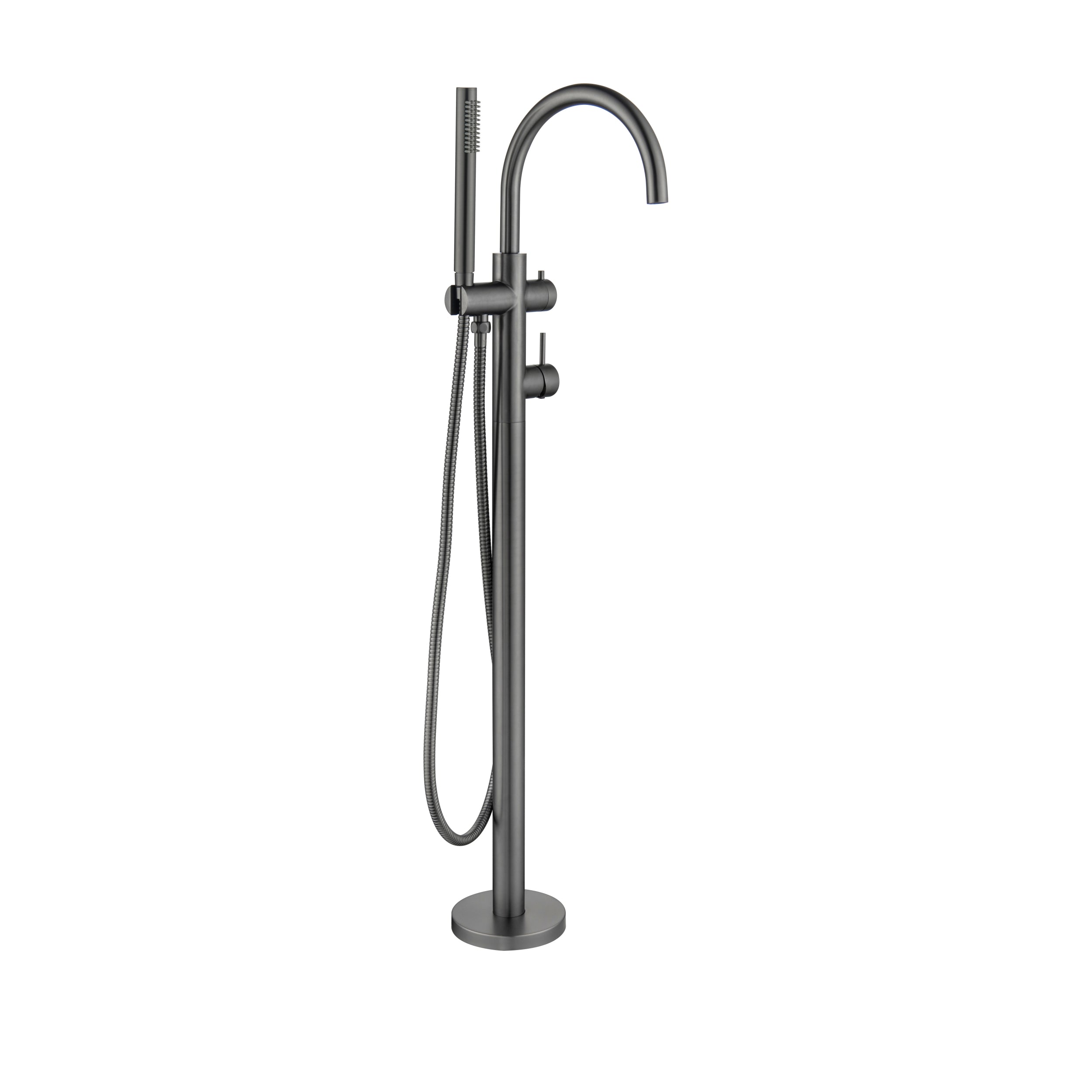 Gunmetal freestanding bathtub faucet with handheld shower on a white background