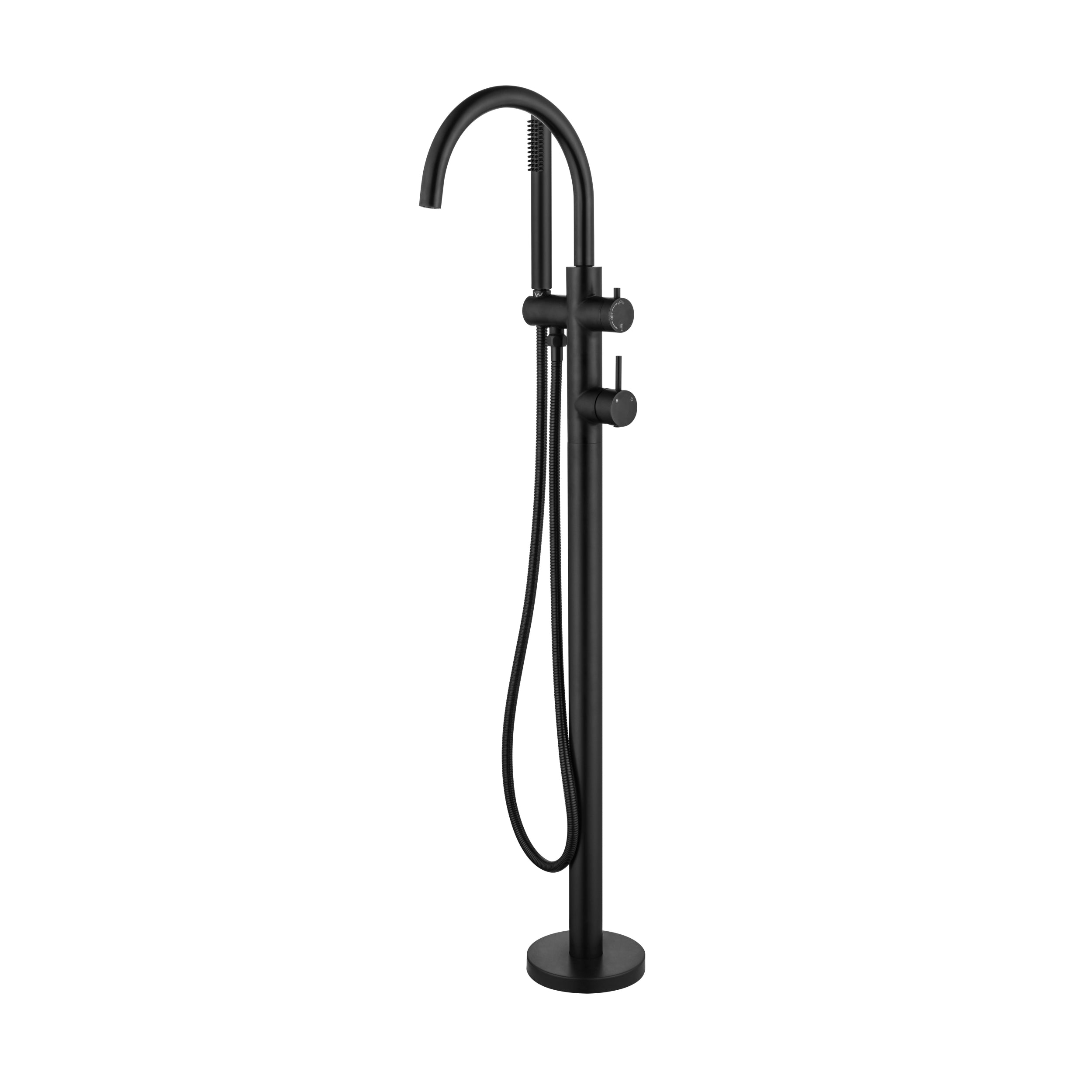 Black freestanding bathtub faucet with handheld shower on a white background