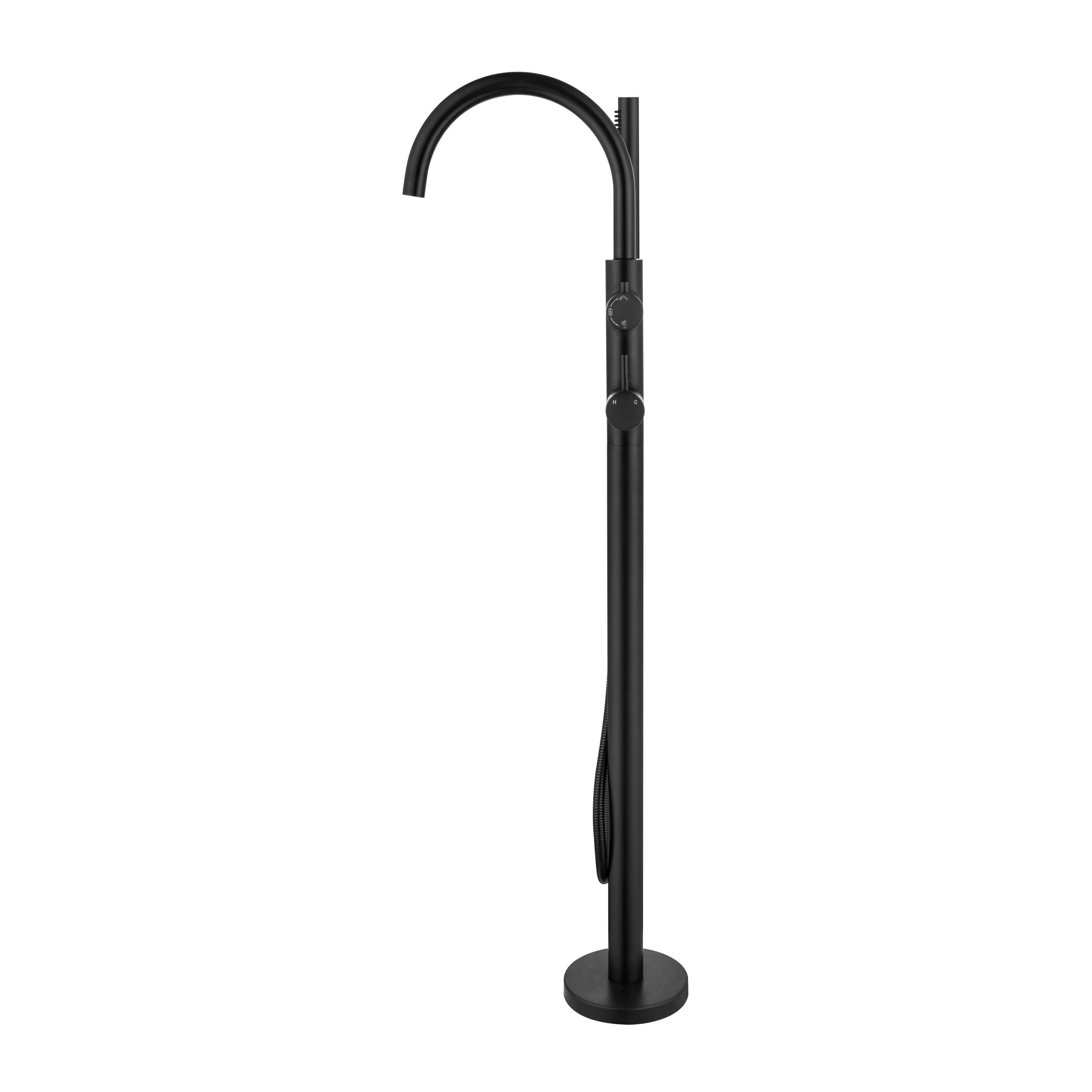Black freestanding bathtub faucet on a white background