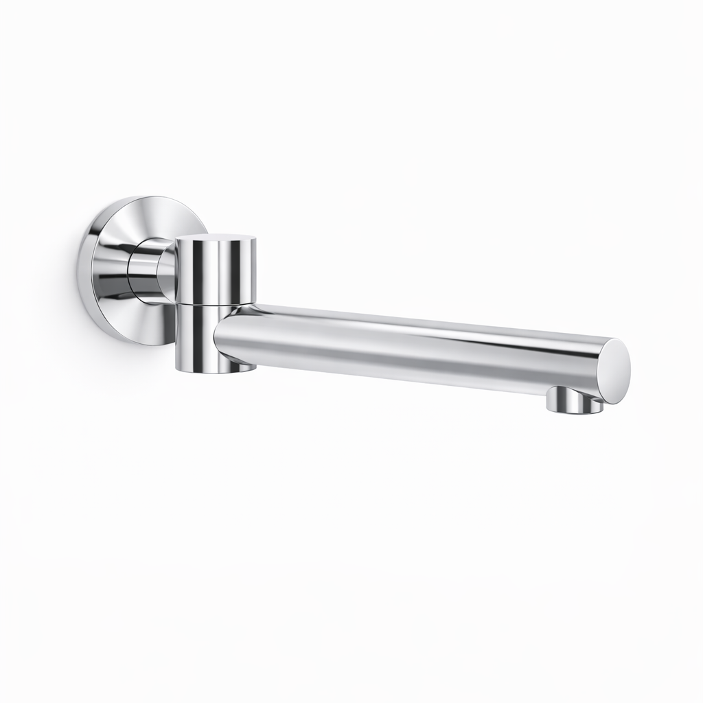 Chrome wall-mounted faucet on a white background