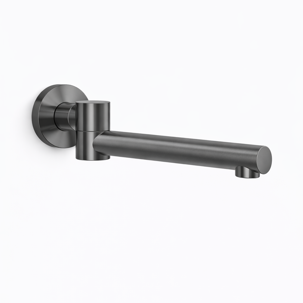Stainless steel wall-mounted faucet on a white background