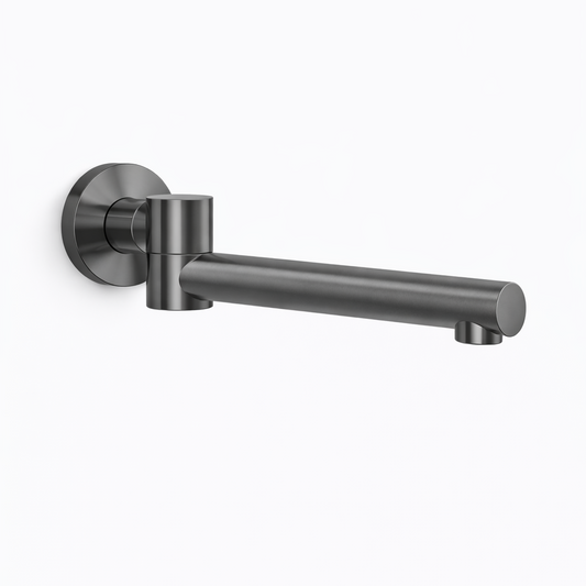 Stainless steel wall-mounted faucet on a white background