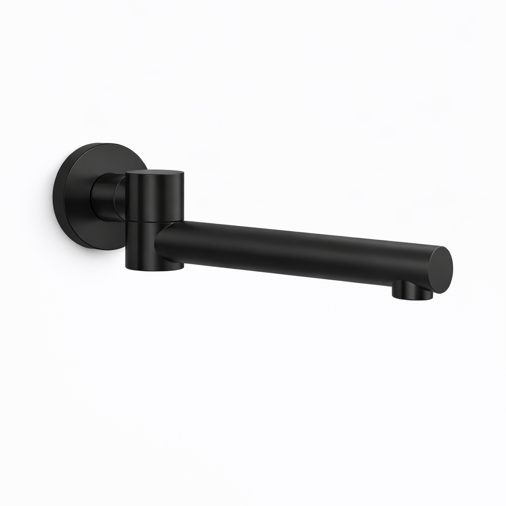 Black wall-mounted faucet on a white background