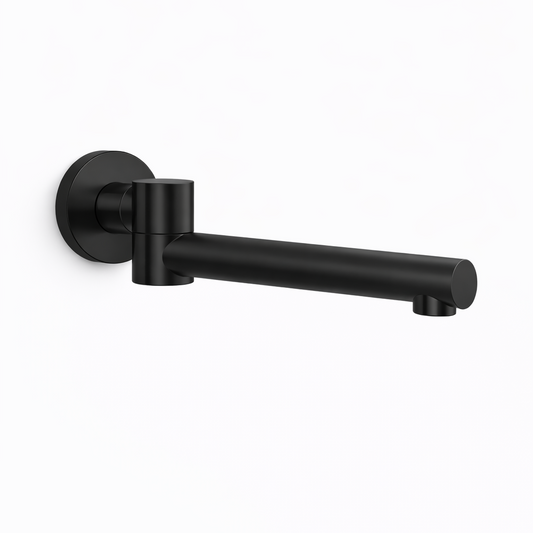Black wall-mounted faucet on a white background