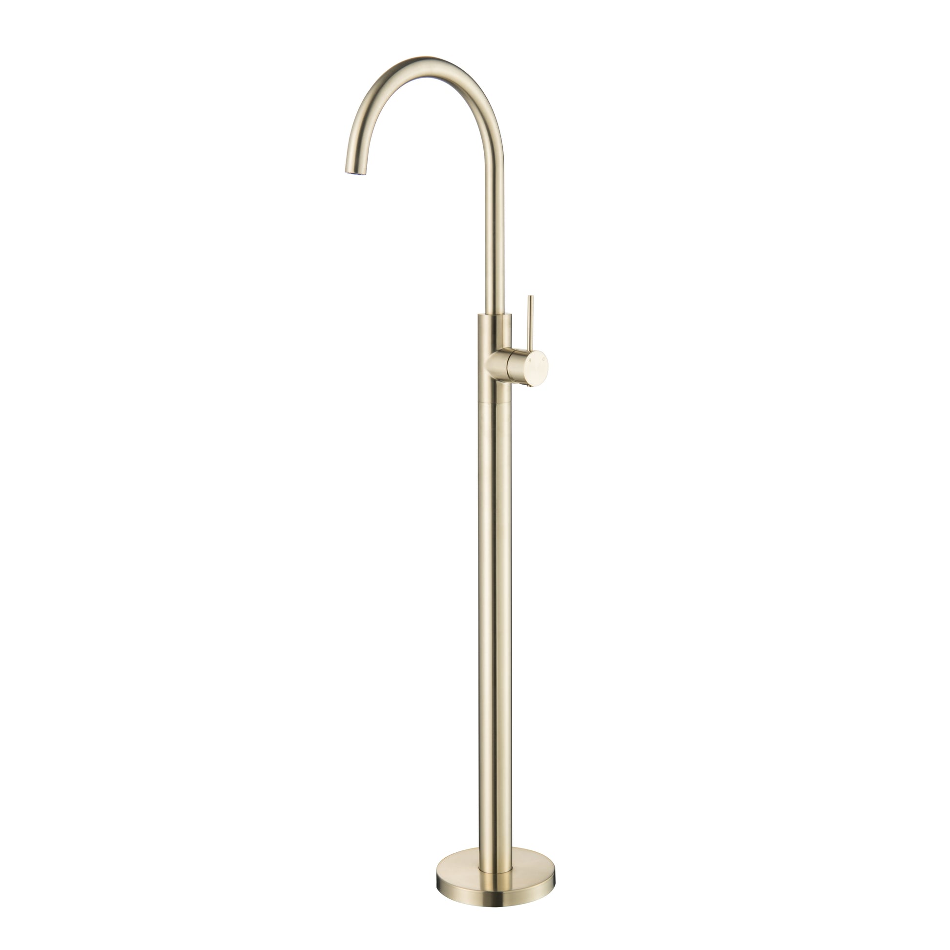 Gold-colored freestanding bathtub faucet on a white background