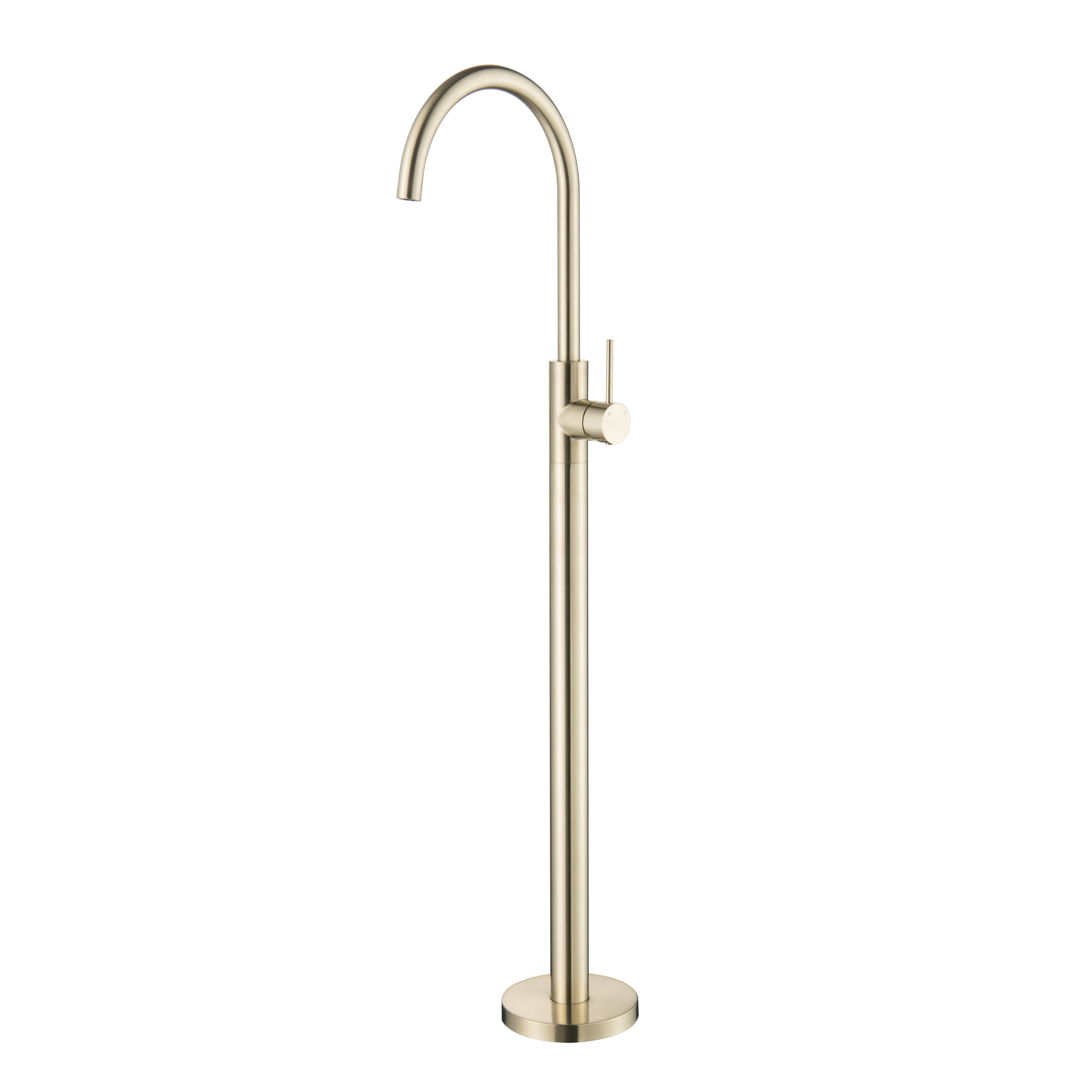Gold-colored freestanding bathtub faucet on a white background
