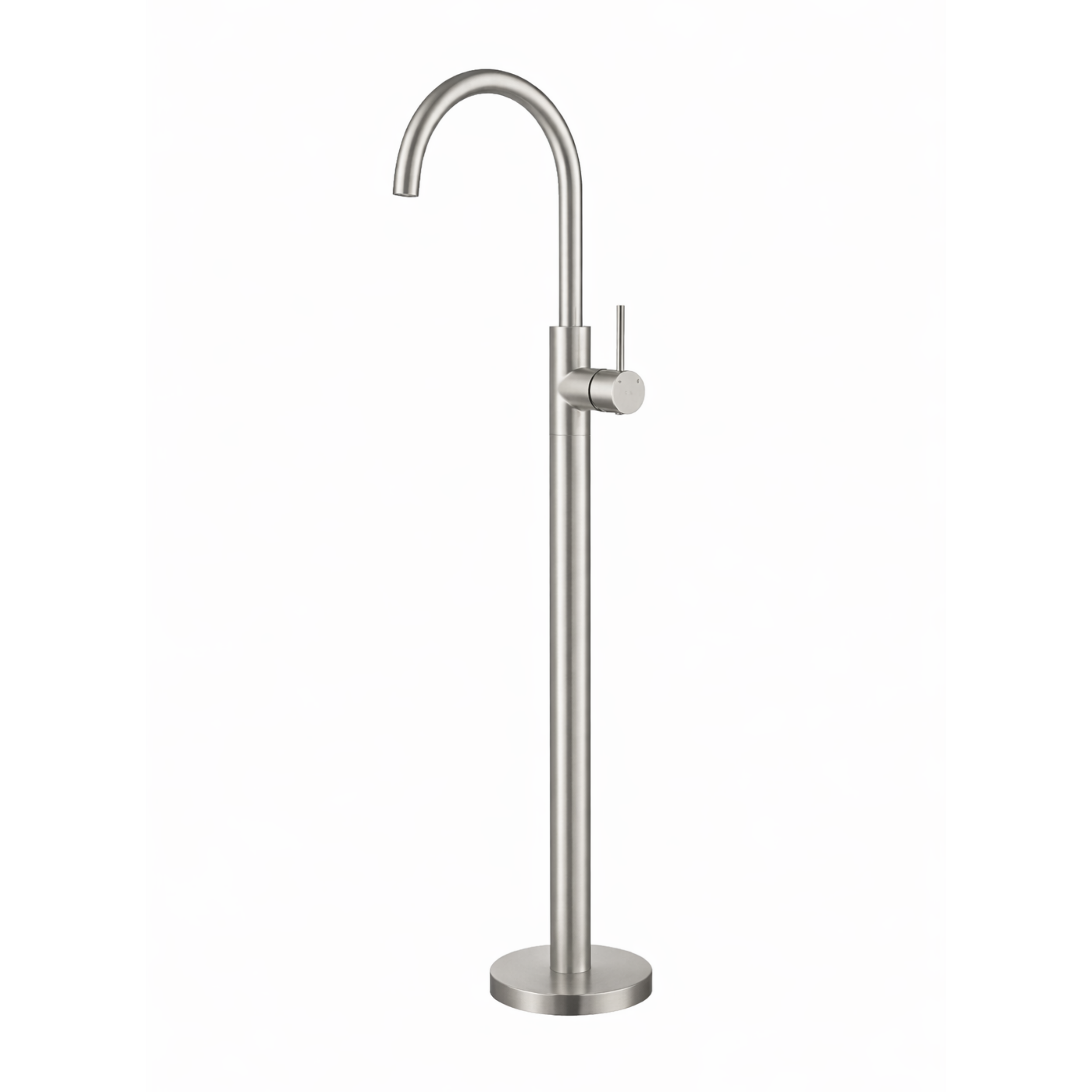 Stainless steel freestanding bathtub faucet on a white background