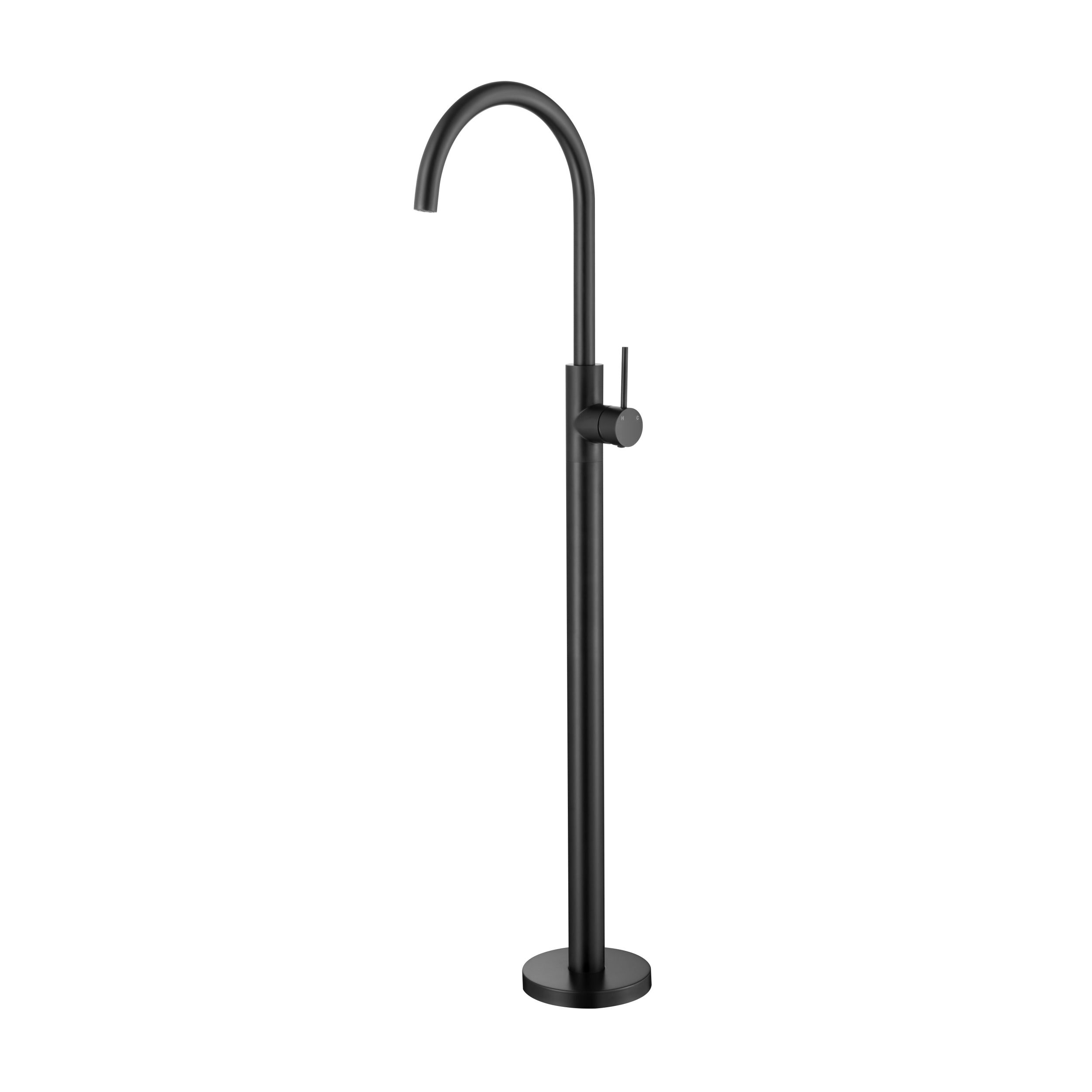 Black freestanding bathtub faucet on a white background