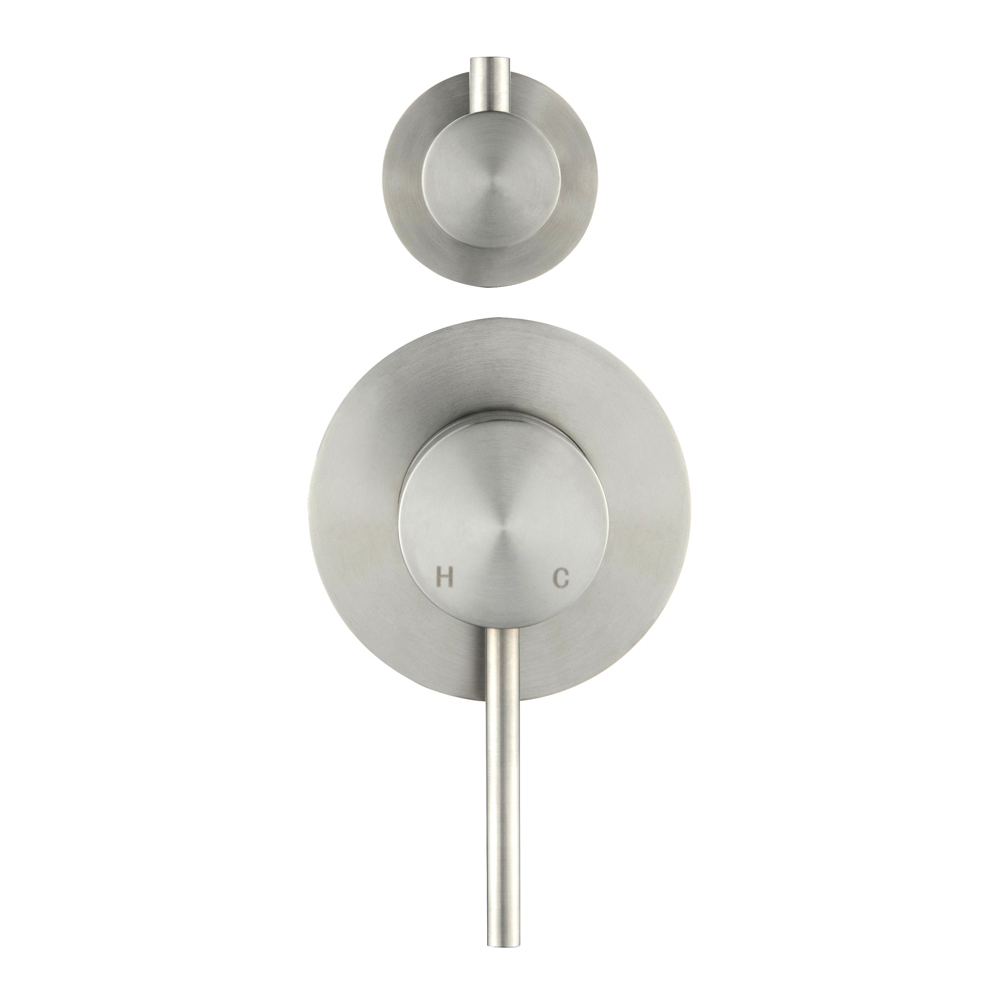 Stainless steel shower control valve set on a white background