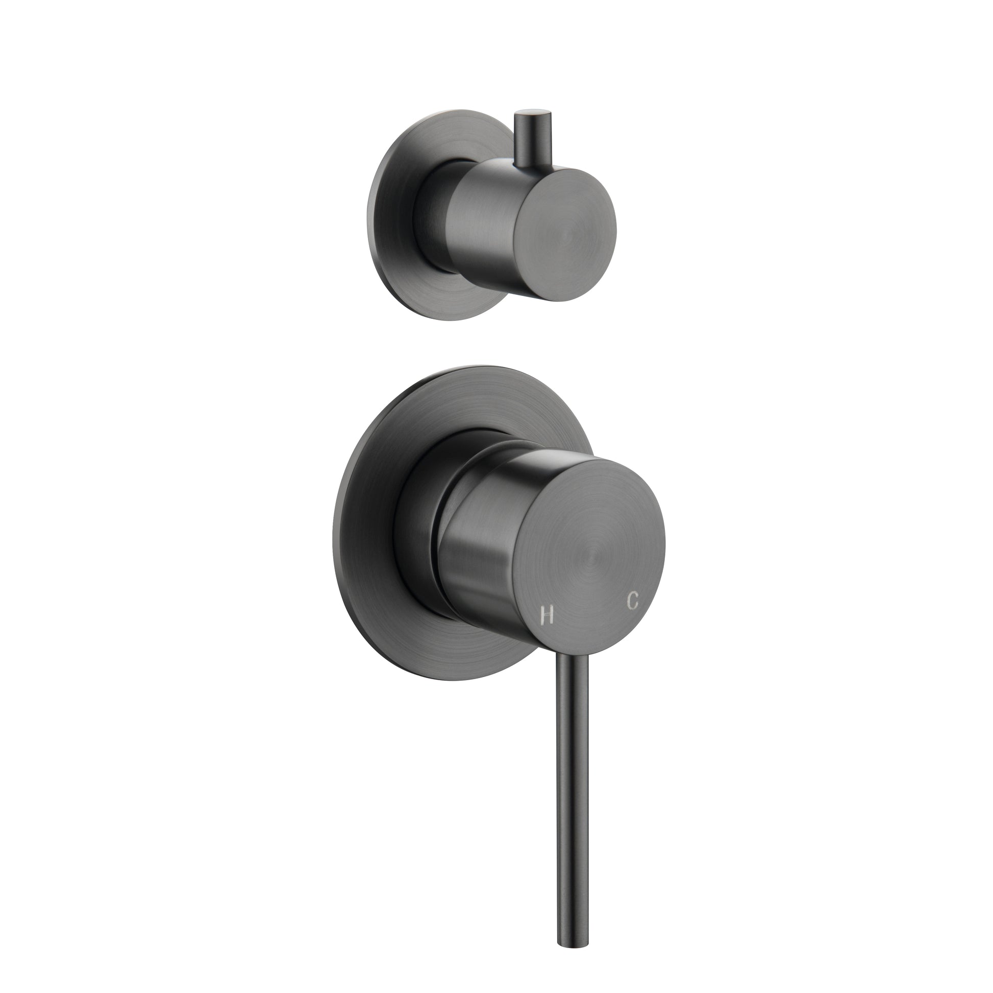 Gunmetal bathroom faucet and handle set on a white background