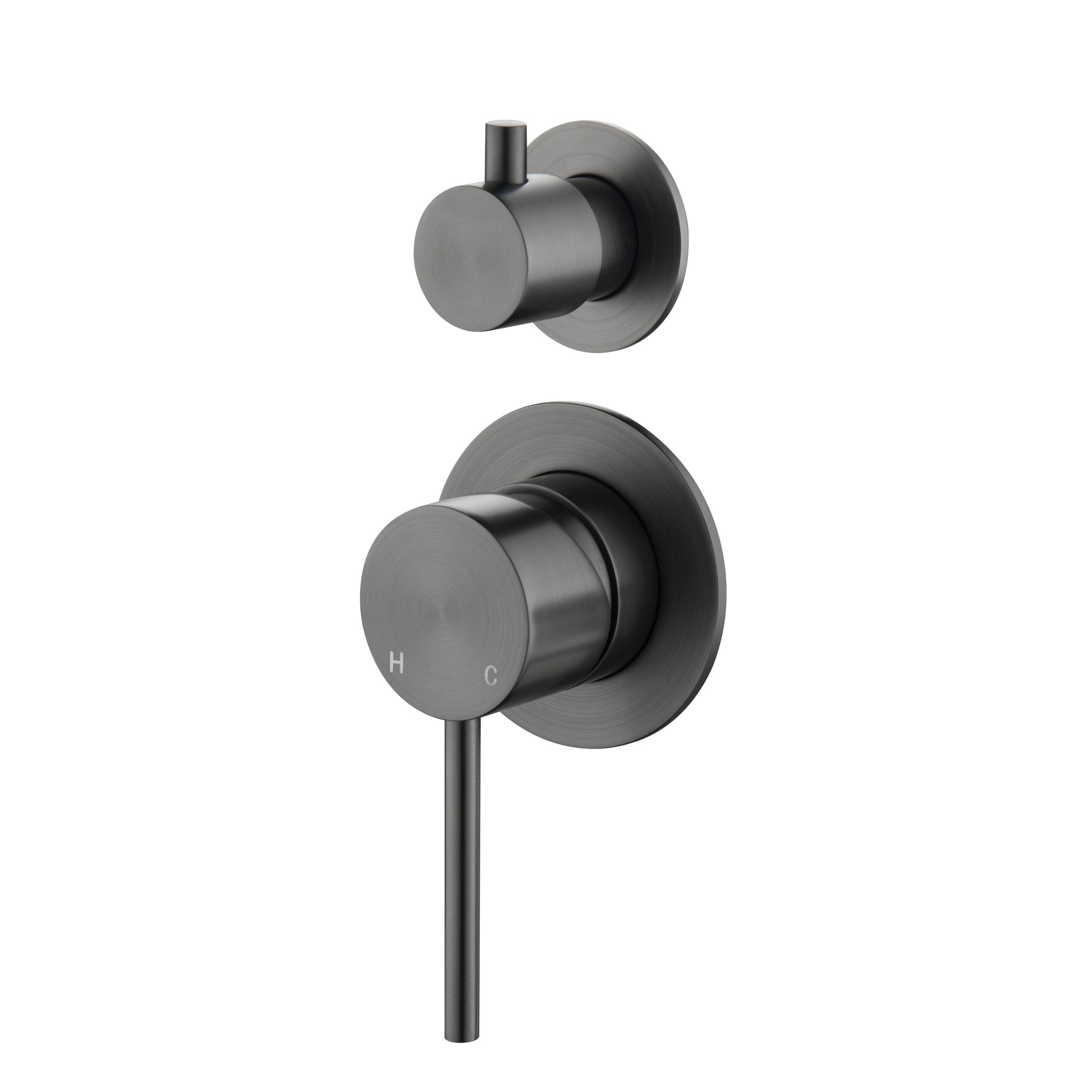 Black bathroom faucet and handle set on a white background