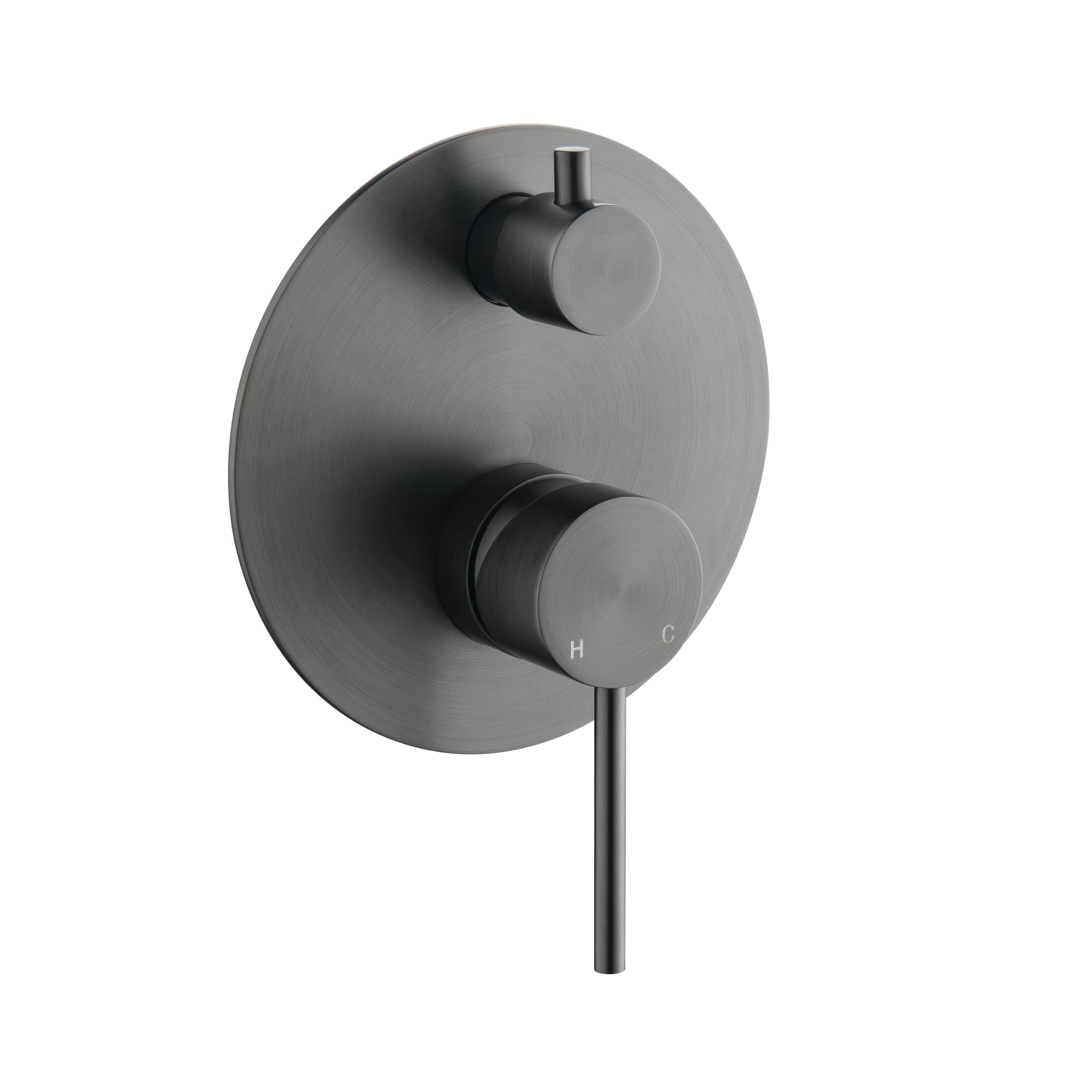 Black shower control panel with two knobs on a white background
