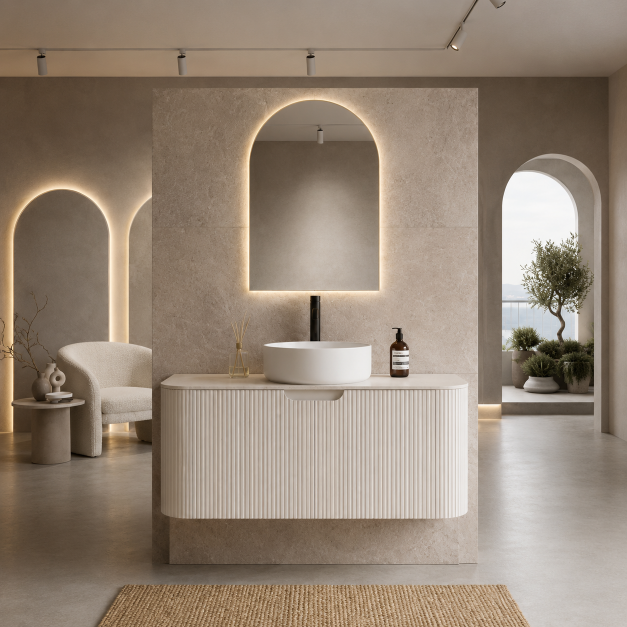 Modern bathroom with a vanity, sink, and decorative elements.